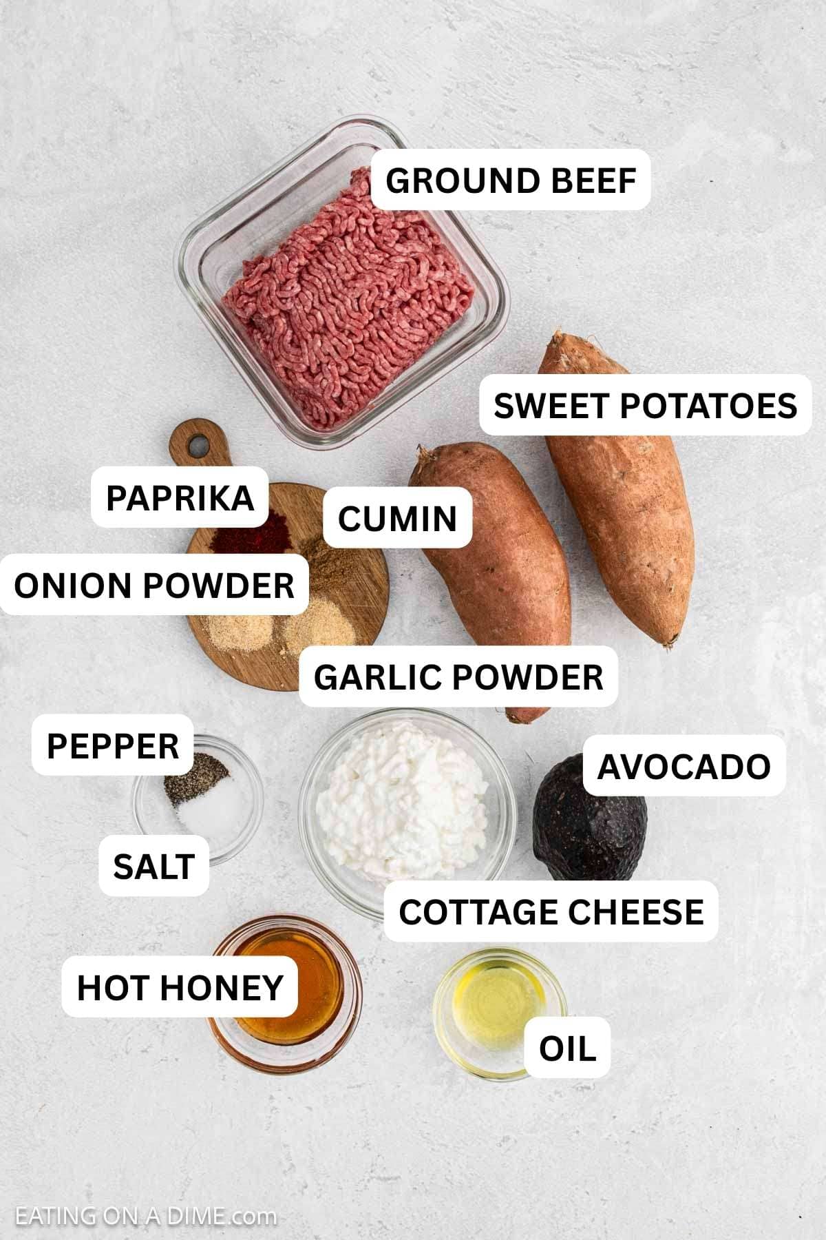 Ingredients needed to make this recipe which includes ground beef, sweet potatoes, cottage cheese, avocado, honey, oil and spices.