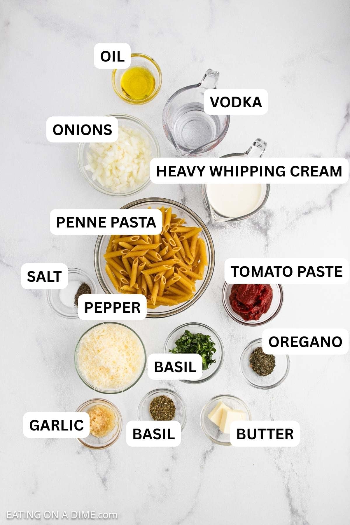 Ingredients needed to make this recipe which includes penne pasta, chopped onion, olive oil, water, cream, tomato paste, shredded cheese, basil, garlic, butter, and seasonings.
