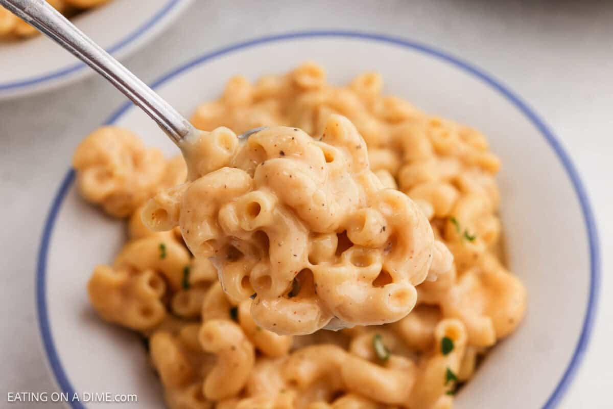 A bowl of high protein mac and cheese in a bowl.