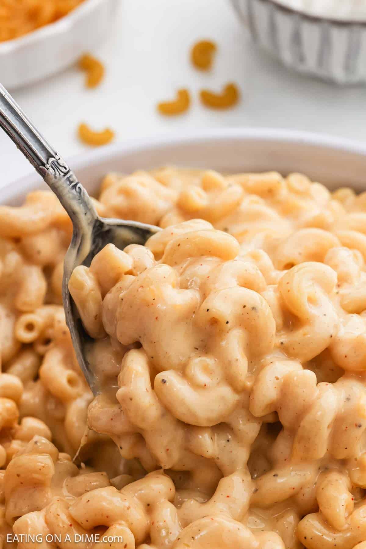 Mac and cheese in a bowl with a serving on a spoon.