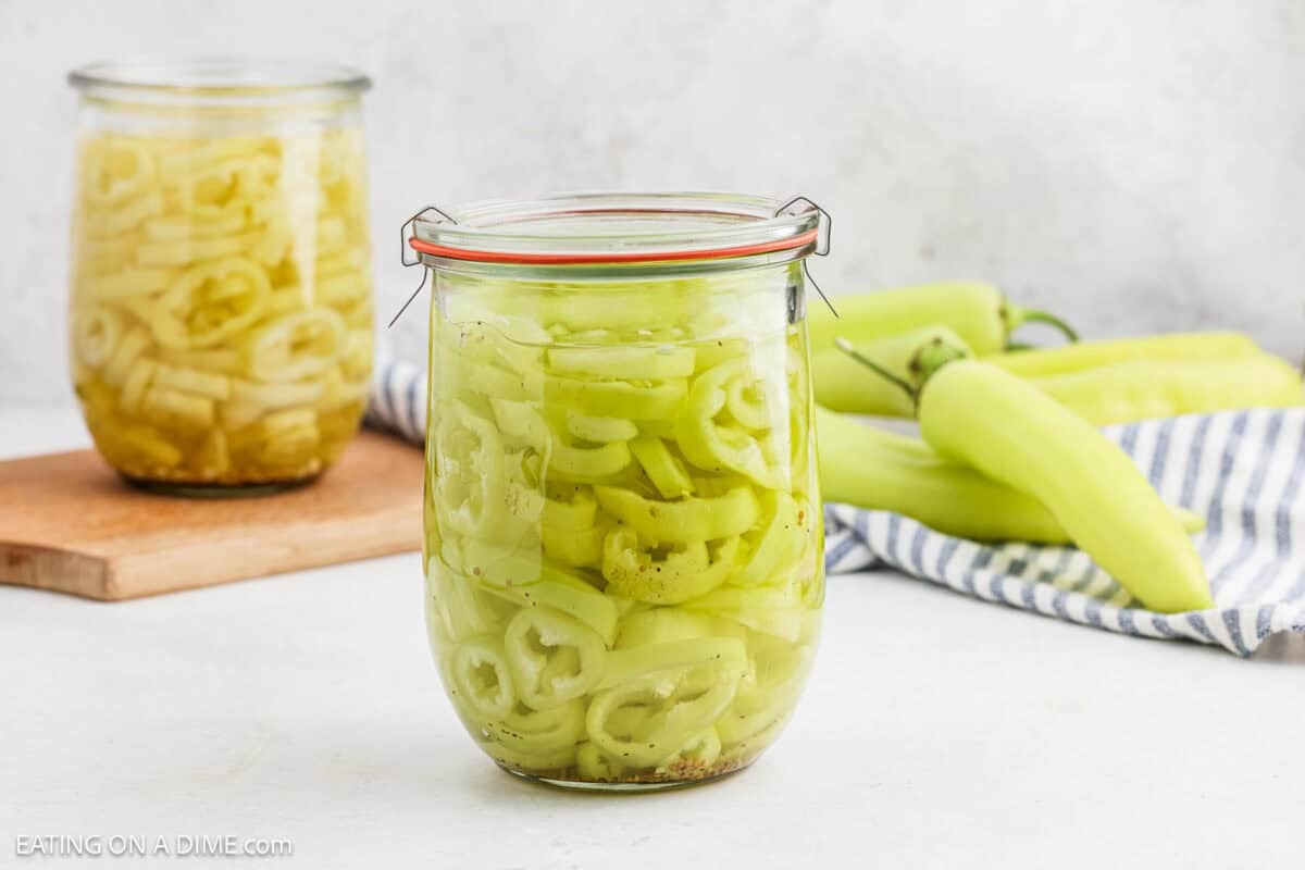 Pickled Banana Peppers in a mason jar.