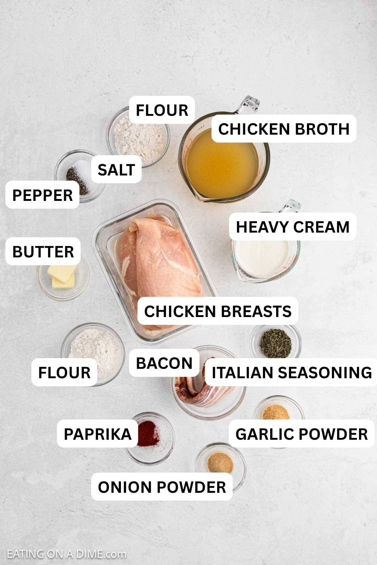 Ingredients needed for this recipe which includes chicken, bacon, flour, garlic powder, onion powder, italian seasoning, paprika, salt, pepper, butter, chicken broth, and heavy cream.
