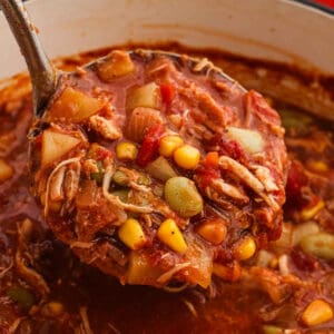 Brunswick Stew serving in a ladle over a large pot of stew.
