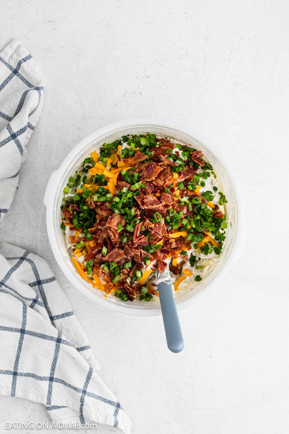 Chopped crispy bacon, chopped green onions, and shredded cheese topped the baked potato in a bowl.