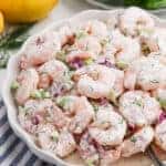 Shrimp Salad in a white bowl.