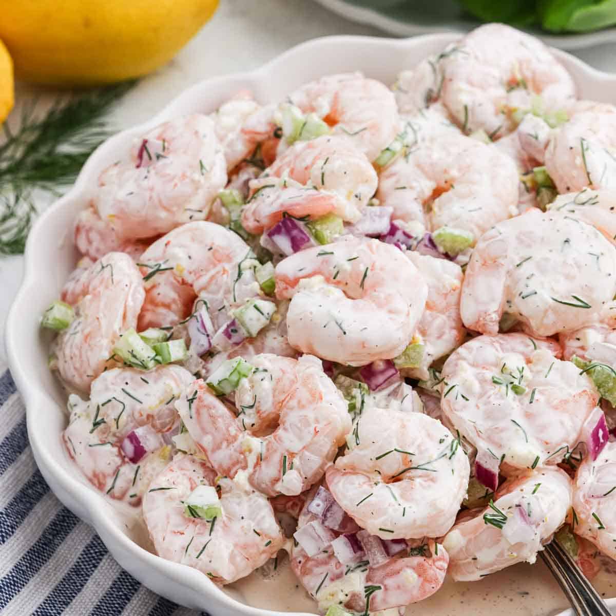 Shrimp Salad in a white bowl.