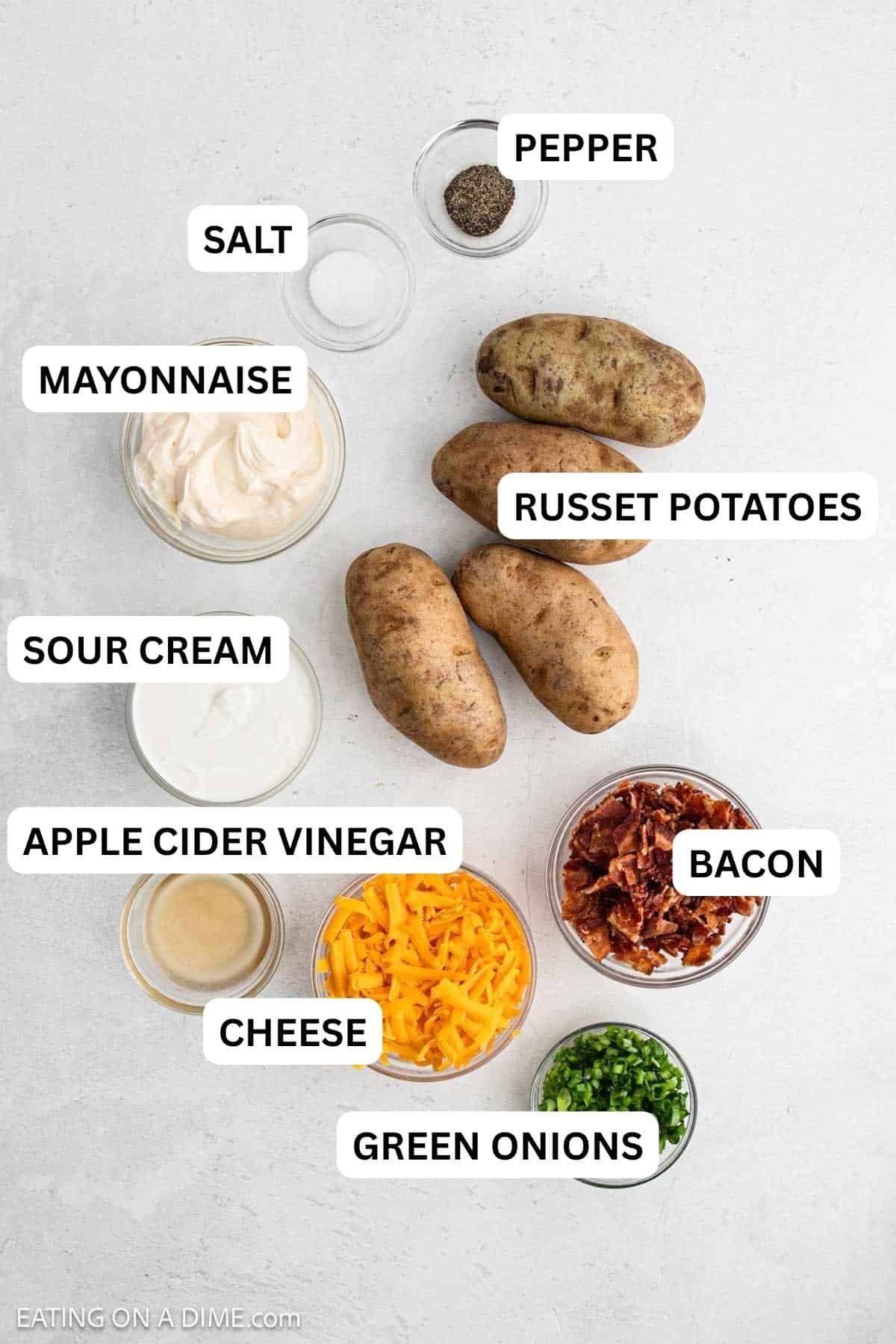 Ingredients needed for this recipe includes russet potatoes, apple cider vinegar, mayonnaise, sour cream, salt, pepper, bacon, green onions, and cheddar cheese.