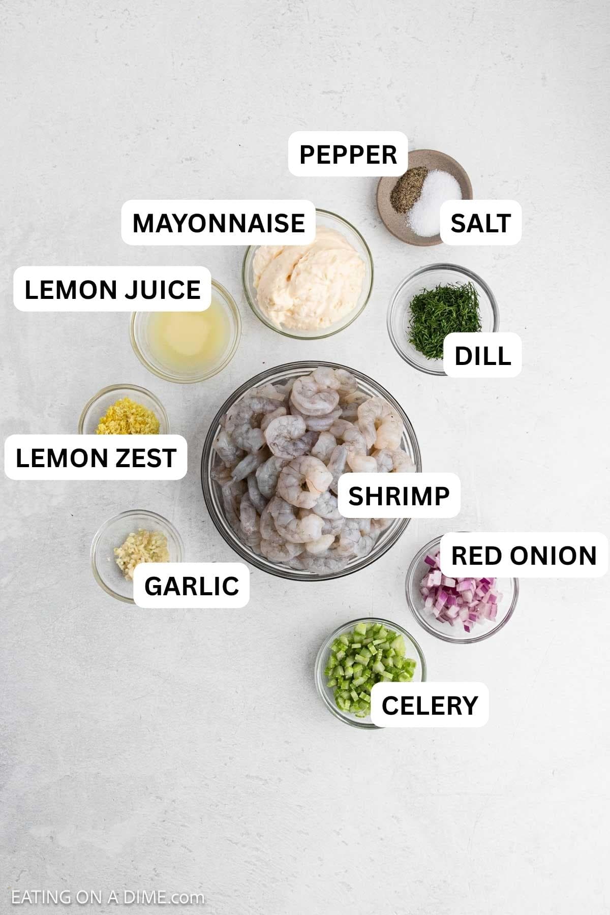 Ingredients needed for this recipe which includes shrimp, red onion, celery, mayonnaise, lemon, and more.