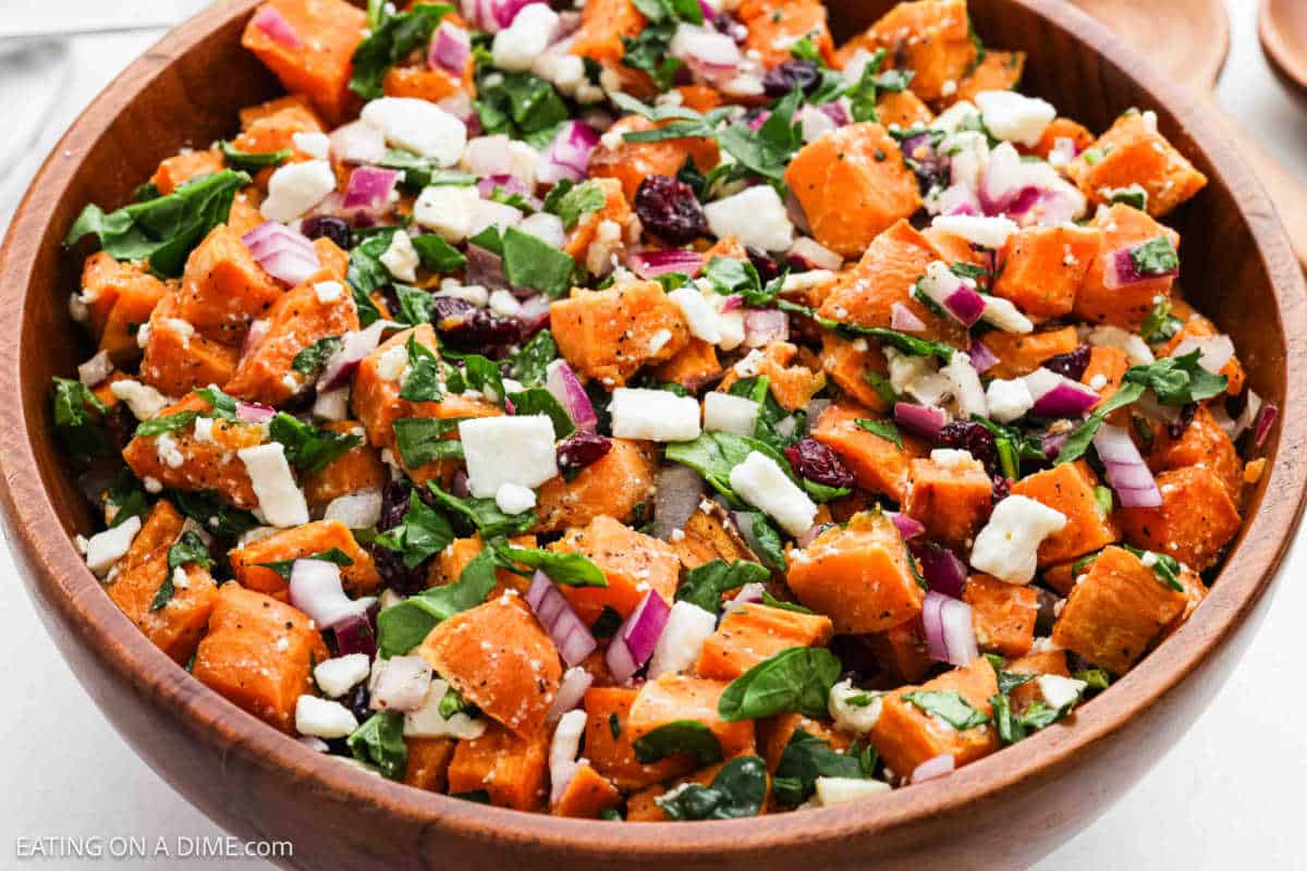 Sweet potato salad in a large brown bowl.