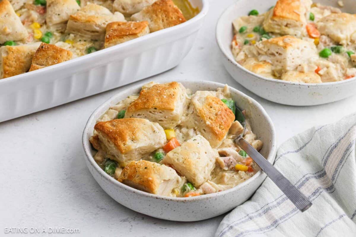 A serving of casserole in a bowl.