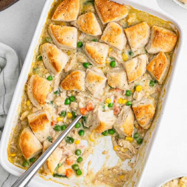 Chicken Pot Pie Casserole with Biscuits in a baking dish.