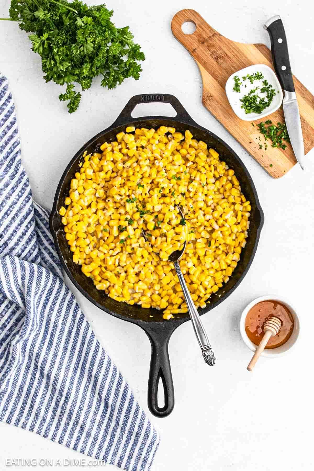 Corn in a cast iron skillet.