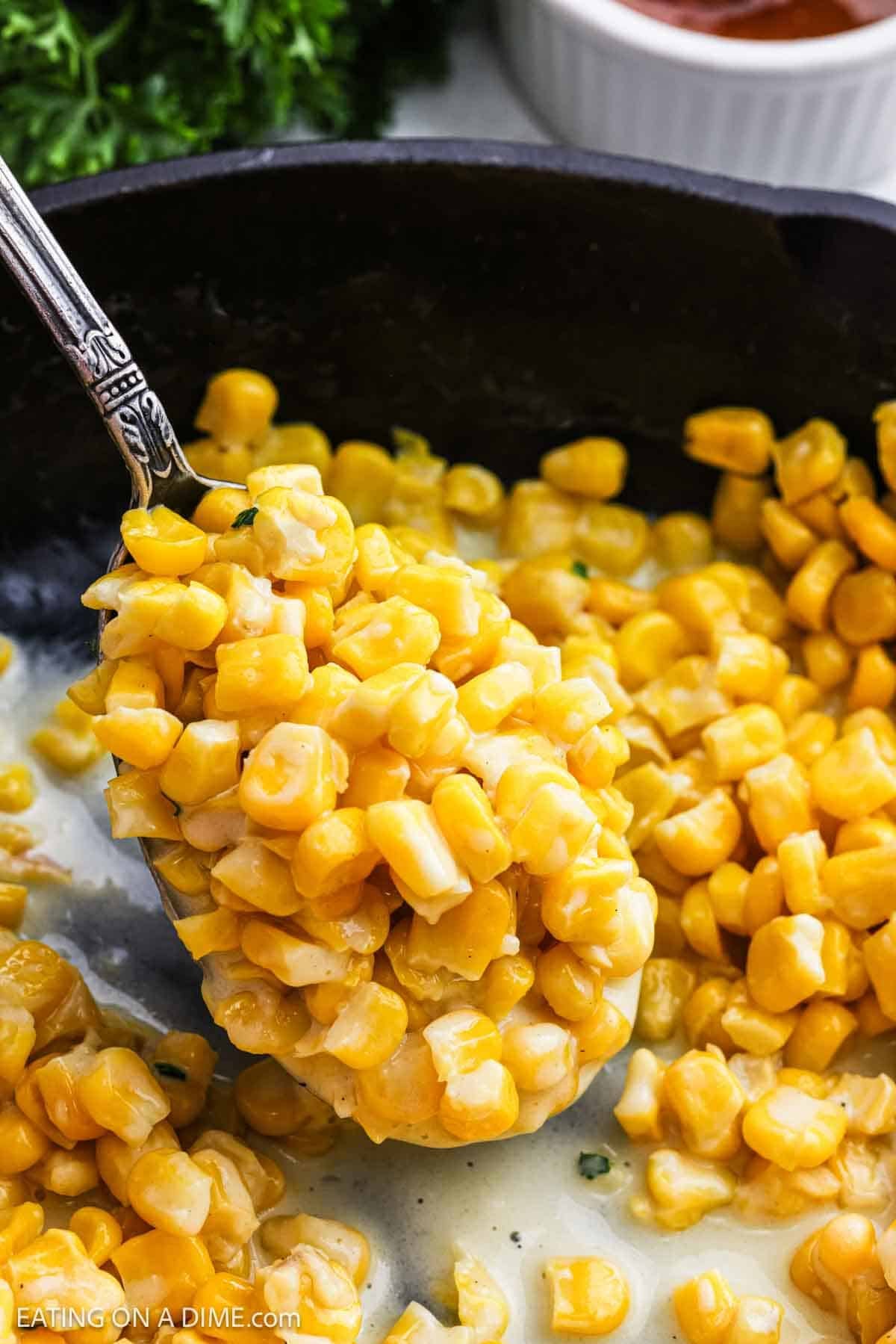 Corn mixture in a cast iron skillet.