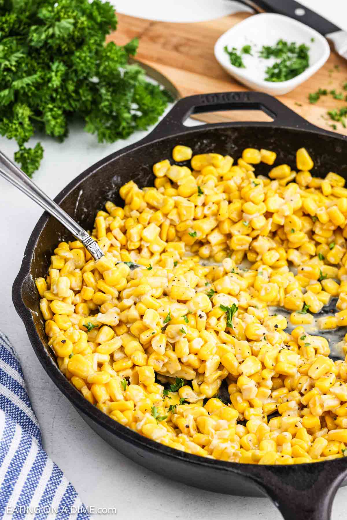Corn mixture in a cast iron skillet.