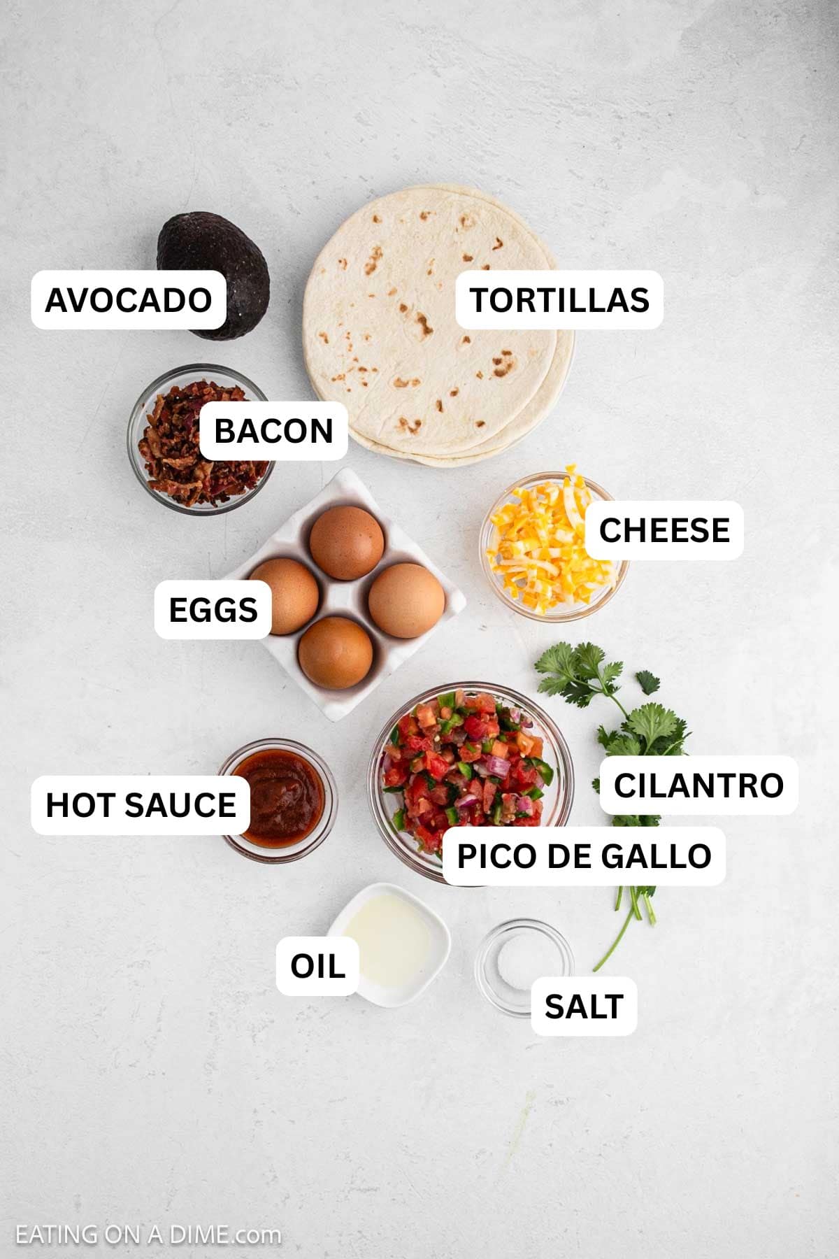 Ingredients needed for this recipe includes eggs, sea salt, avocado oil, bacon, pico de gallo, cheese and more.