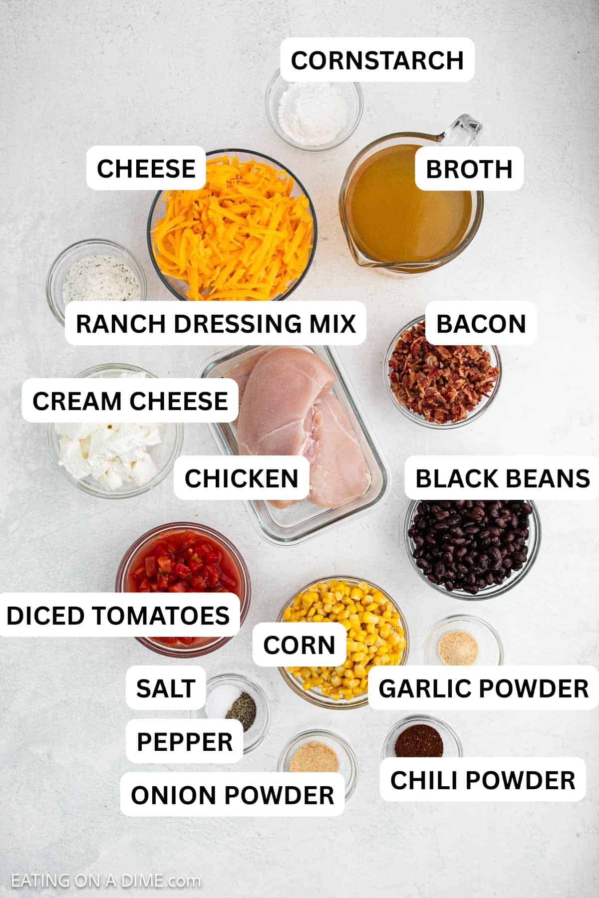 Ingredients needed for this recipe includes chicken breasts, corn, black beans, diced tomatoes, chicken broth and more.