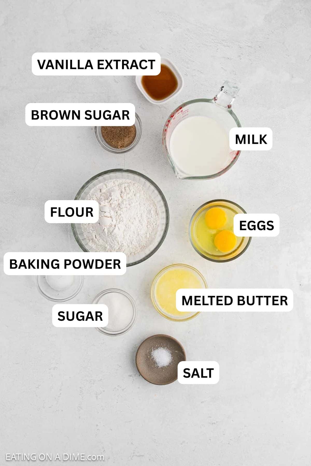 Ingredients needed for this recipe includes flour, brown sugar, sugar, baking powder, salt, eggs, milk, butter and vanilla extract.