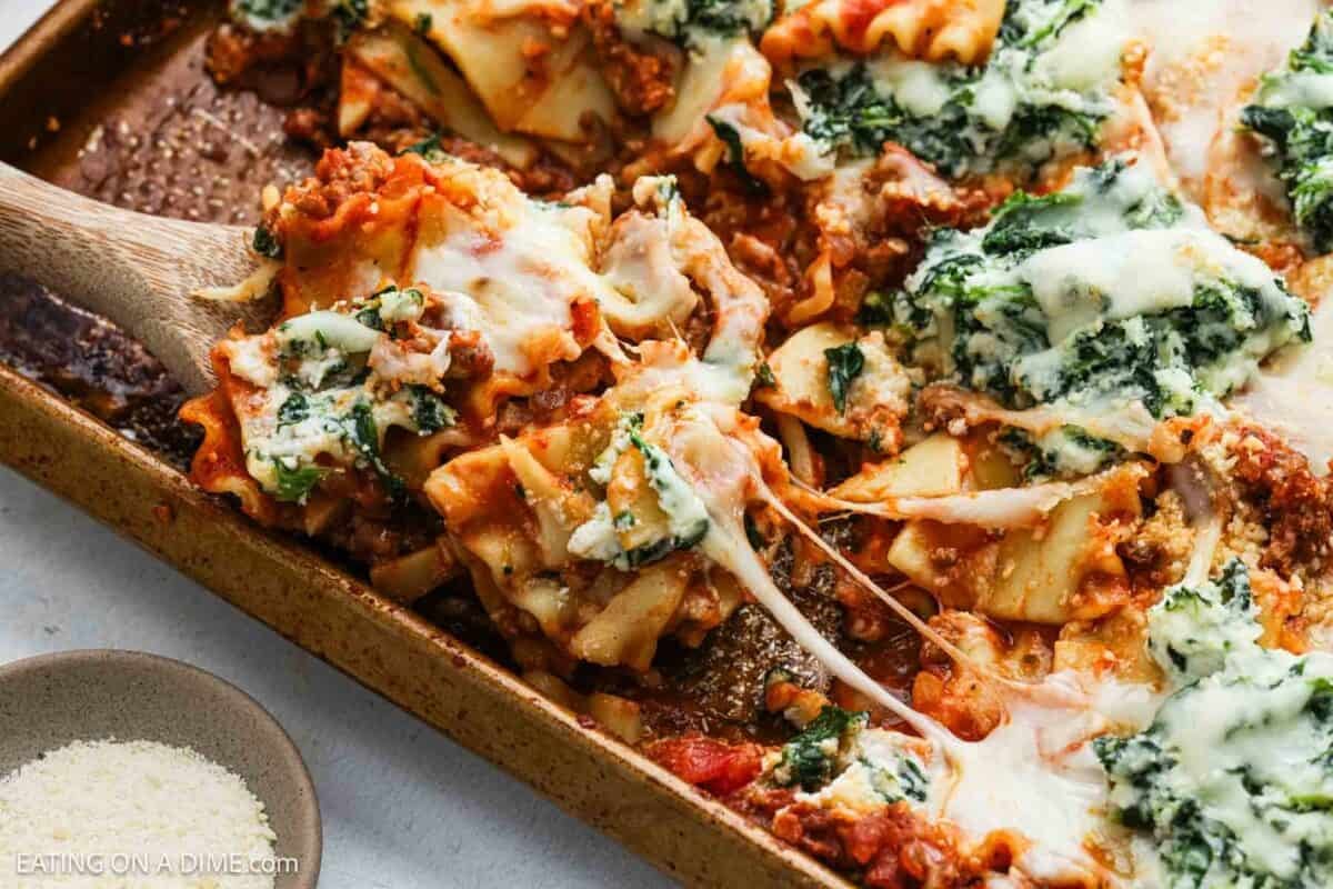 Sheet pan lasagna ready to serve from the sheet pan.