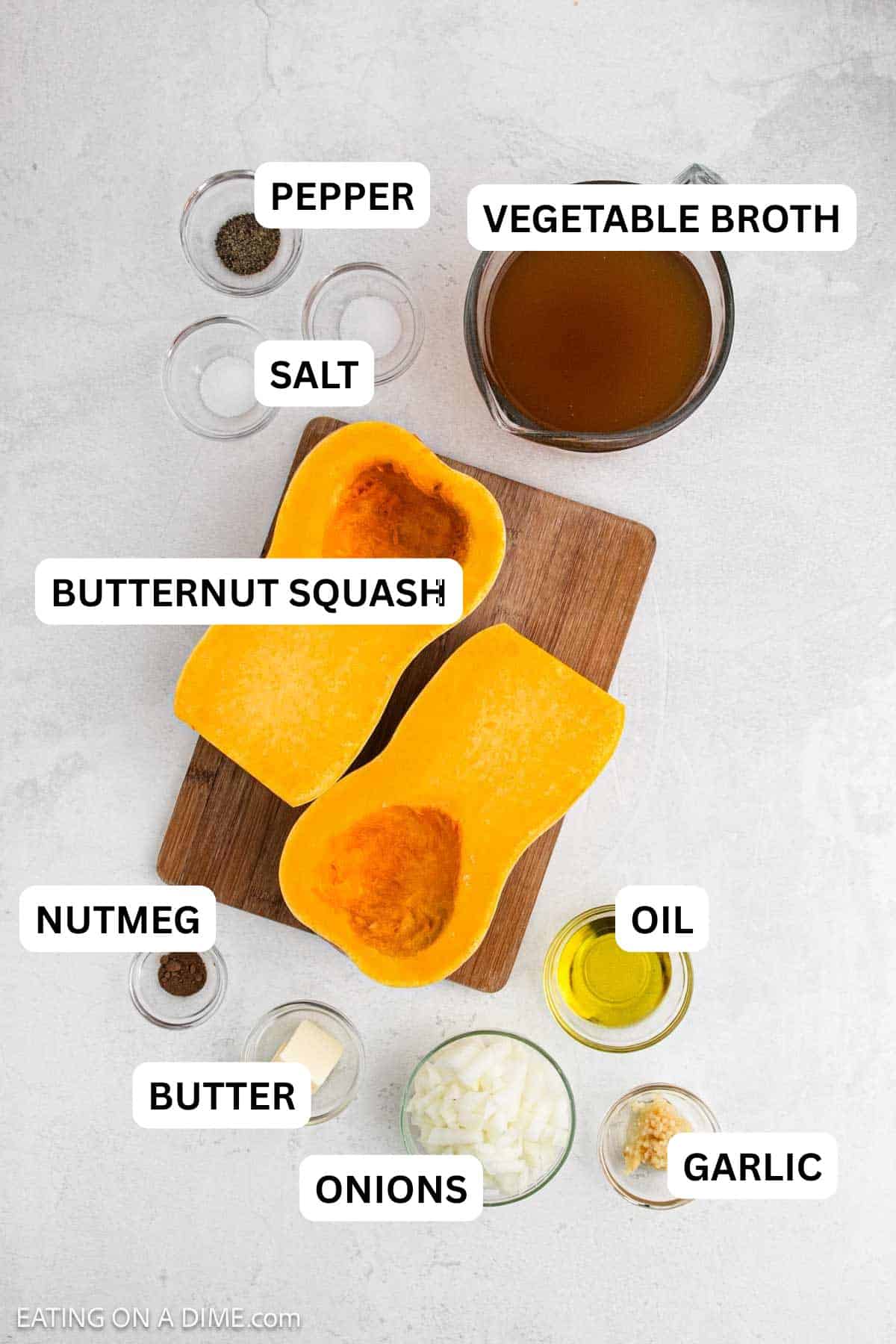 Ingredients needed for this recipe includes butternut squash, oil, onion, salt, garlic, nutmeg, pepper, vegetable broth, butter, and heavy cream.