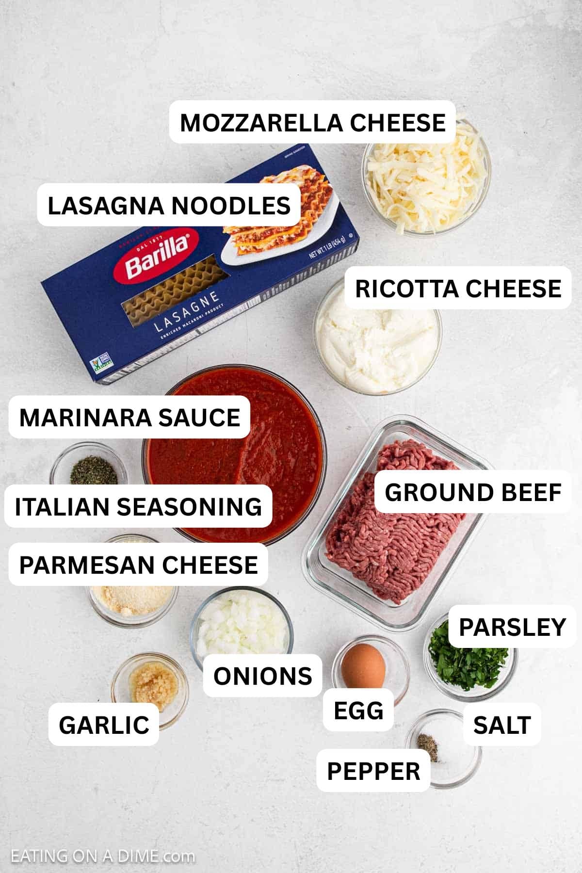Ingredients needed for this recipe includes Lasagna noodles, ground beef, onion, garlic, salt, pepper, italian seasoning, marinara sauce and more.