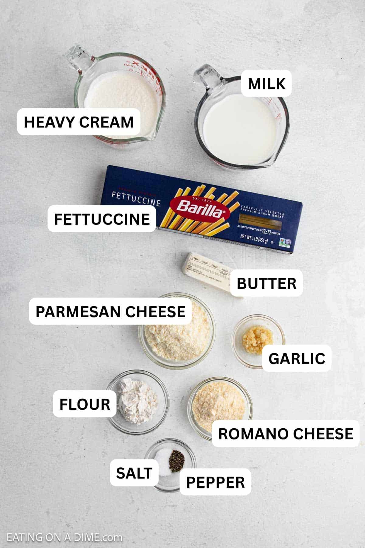 Ingredients needed for this recipe includes butter, garlic, flour, heavy cream, milk, parmesan cheese, romano cheese, salt, pepper, fettucine, and water.