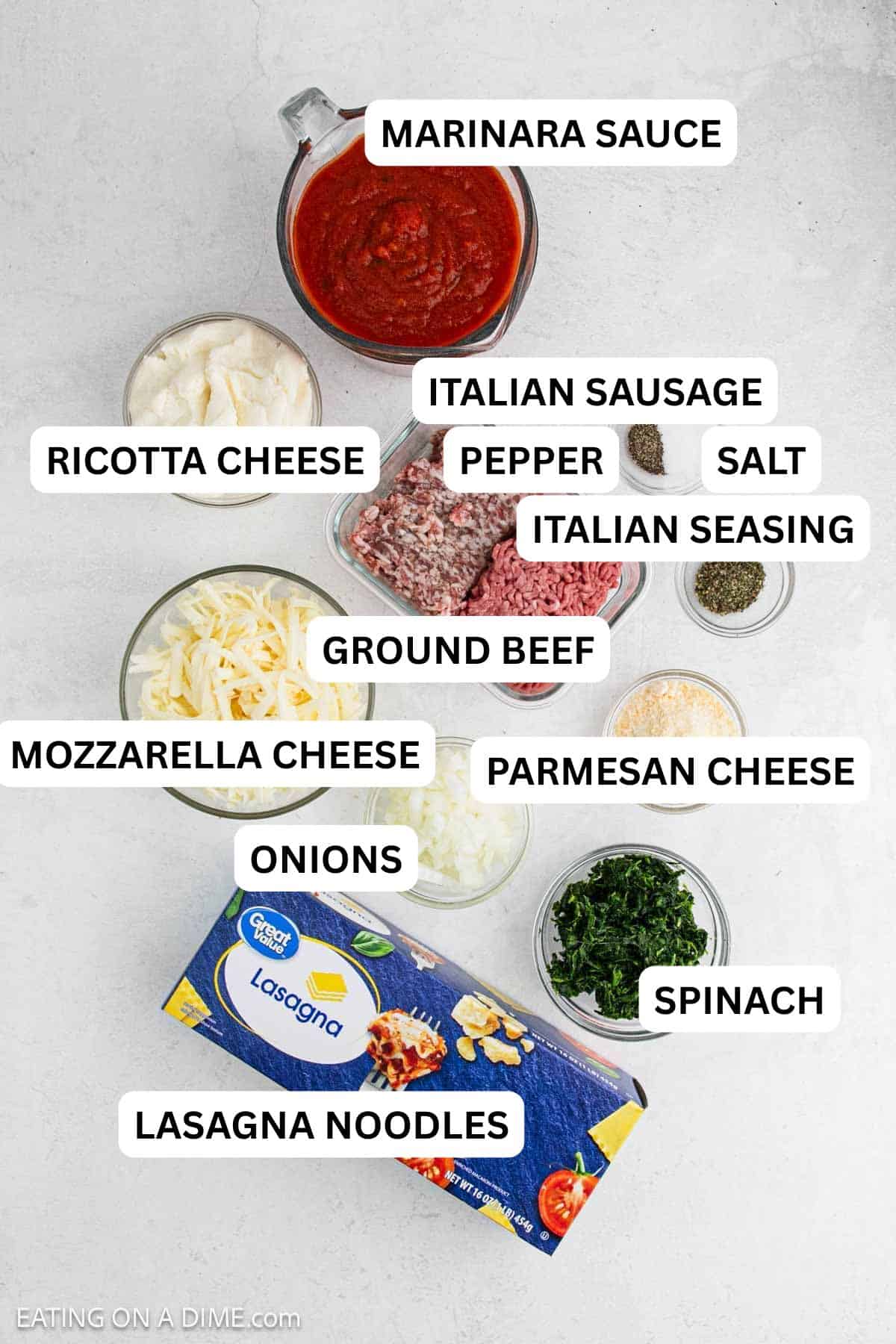 Ingredients needed for this recipe includes lasagna noodles, ground beef, Italian sausage, onion, marinara sauce, Italian seasoning and more.