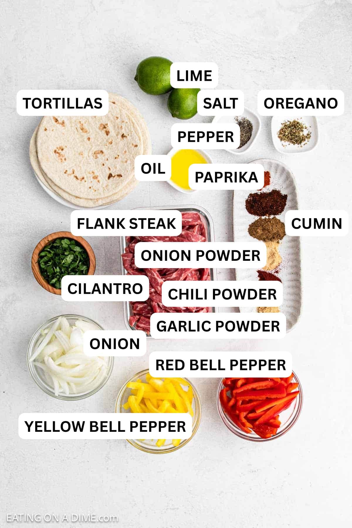 Ingredients needed for this recipe includes flank steak, bell peppers, onion, oil, lime juice, cilantro and spices.