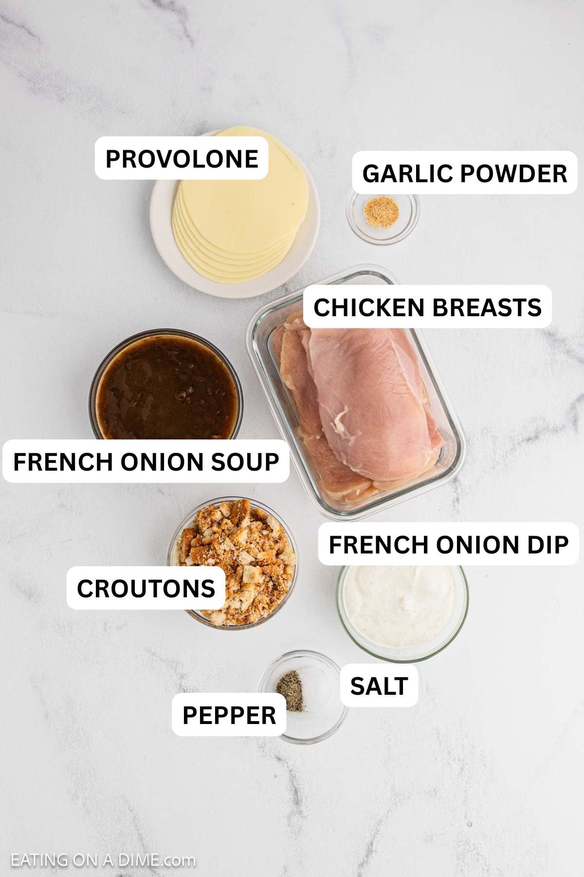 Ingredients needed to make this recipe includes chicken breasts, French Onion soup, provolone cheese, croutons, French onion dip, garlic powder, salt, pepper.